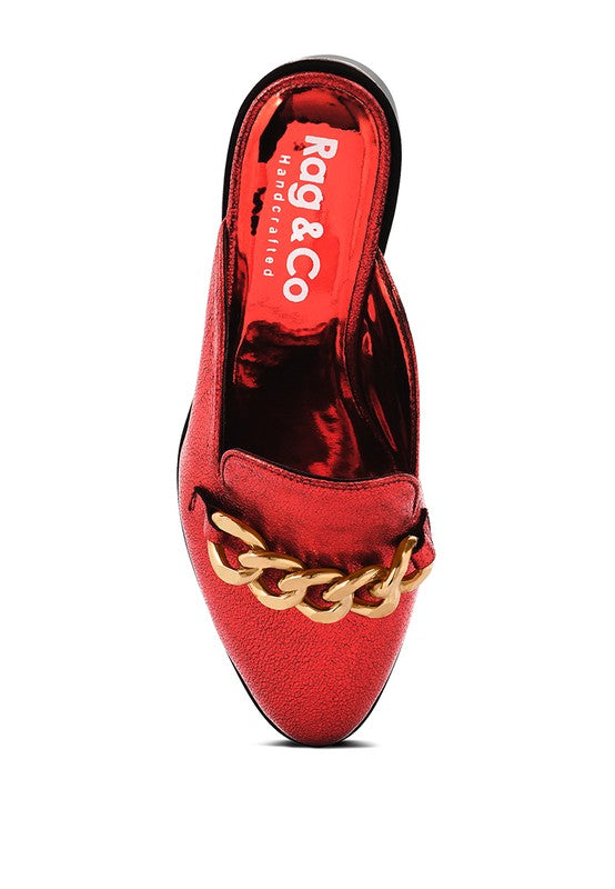 The Azka - Metal Chain Red/Black Leather Mules For Women - Ashour Shoes