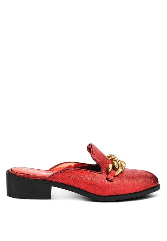 The Azka - Metal Chain Red/Black Leather Mules For Women - Ashour Shoes