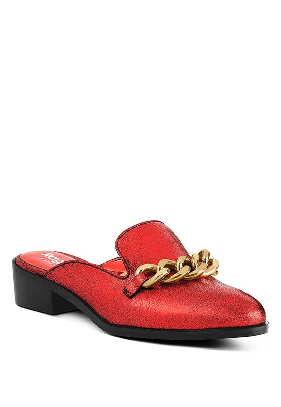 The Azka - Metal Chain Red/Black Leather Mules For Women - Ashour Shoes