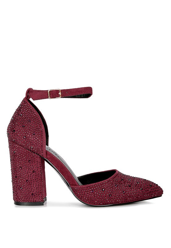 Rhinestone - Burgundy / Red Embellished Block Heel Sandal For women