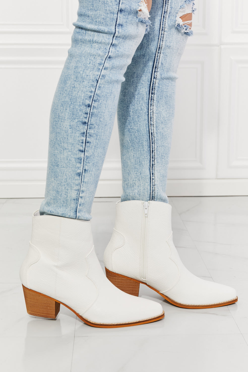 Watertower - White Faux Leather Western White Ankle Boots - Ashour Shoes