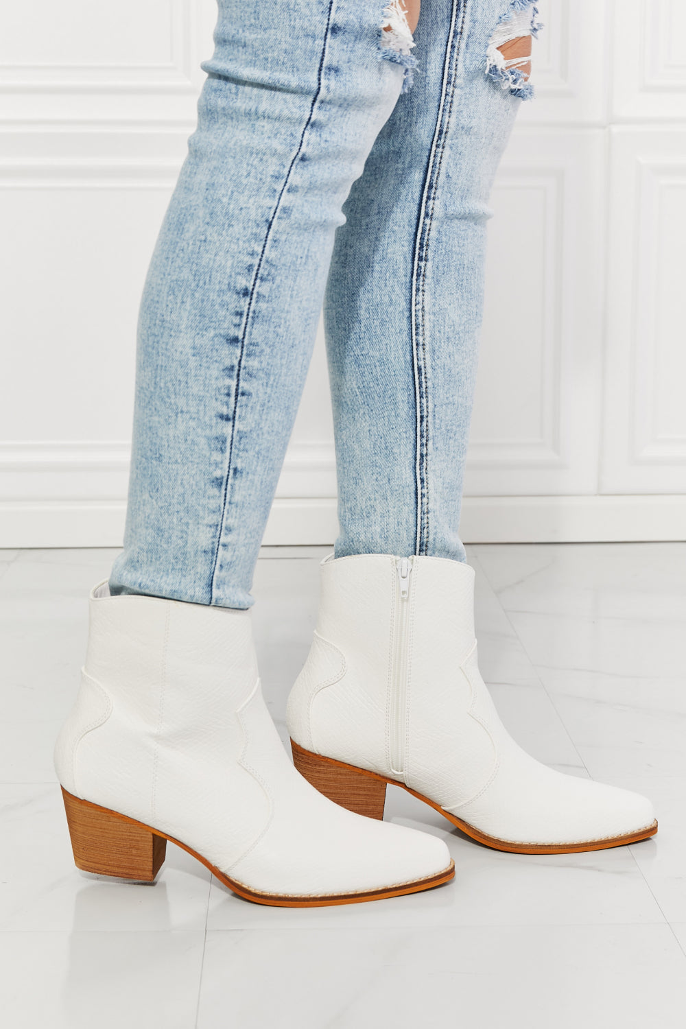 Watertower - White Faux Leather Western White Ankle Boots