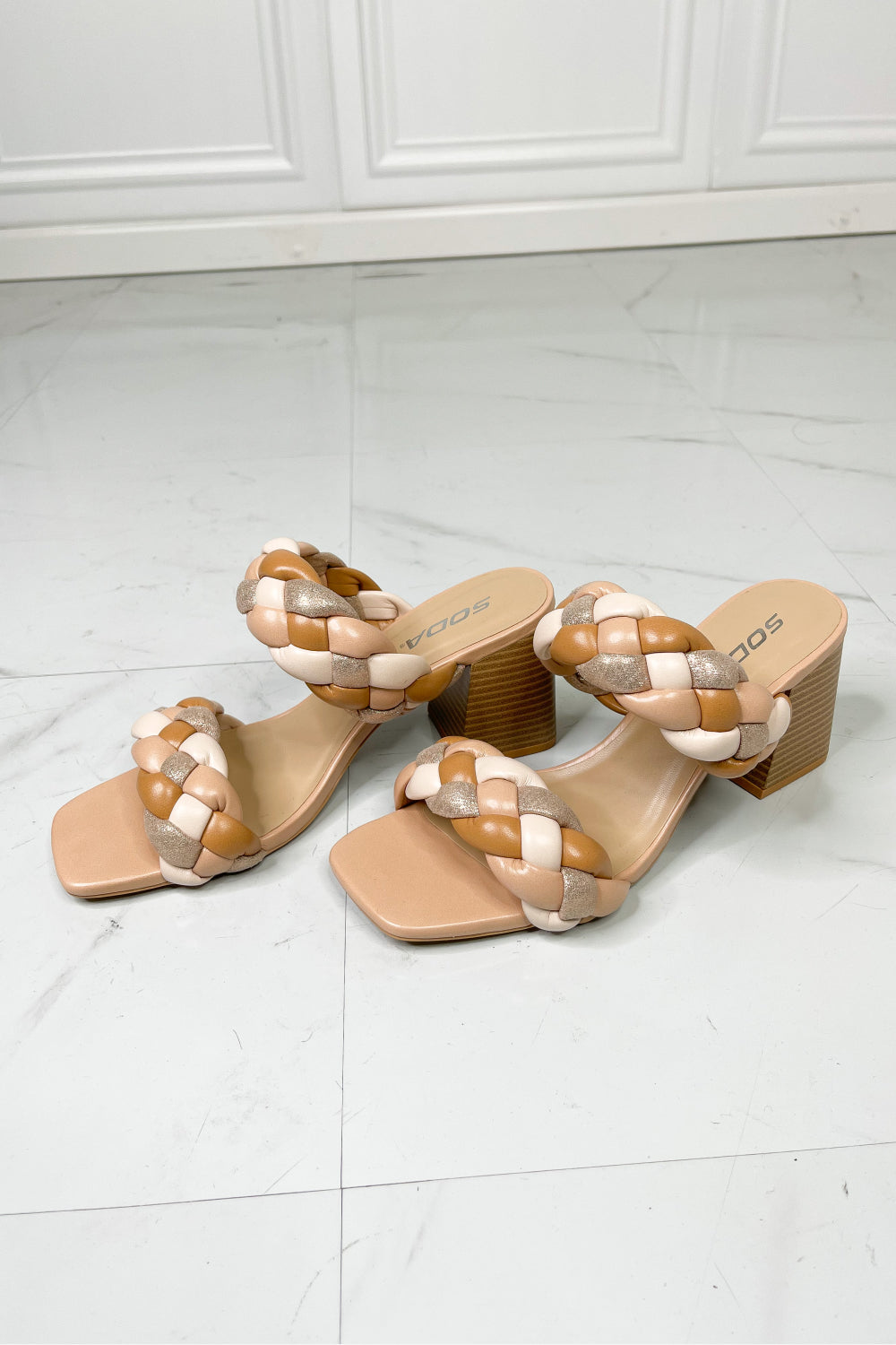 SODA- Braided Strap Block Heel Slide Sandal in Nude for women