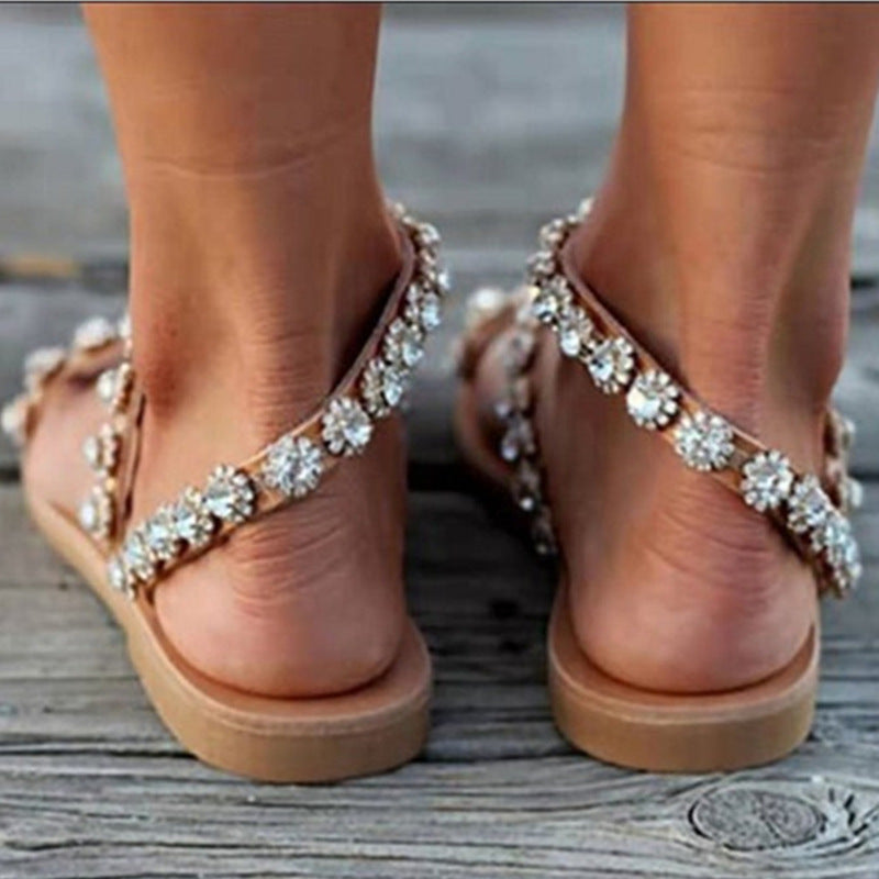 The boho - Women's Sandals Rhinestone Flat Slippers - Ashour Shoes