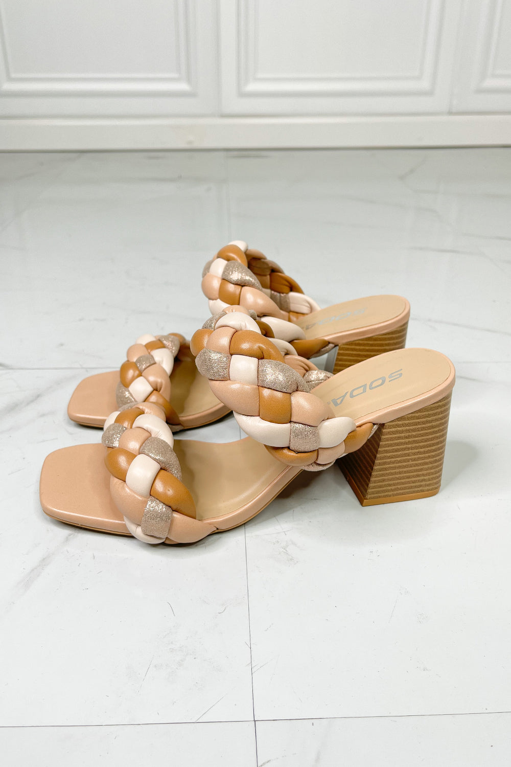 SODA- Braided Strap Block Heel Slide Sandal in Nude for women - Ashour Shoes