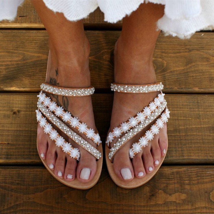 The boho - Women's Sandals Rhinestone Flat Slippers - Ashour Shoes