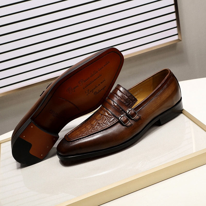 The Milanino 2 - Double Monkstrap Leather Loafers (Crocodile pattern) - Ashour Shoes