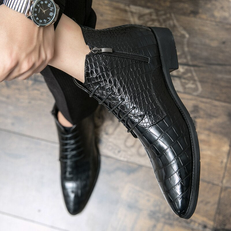 il Paviese - Patent Leather Ankle Boots for Men ( Alligator print zipper boots) - Ashour Shoes