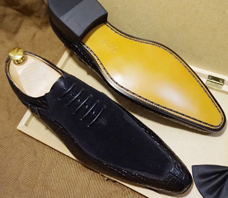 Emporimus2 - Suede & Alligator Print Leather Oxford Single Buckle dress Shoes - Ashour Shoes