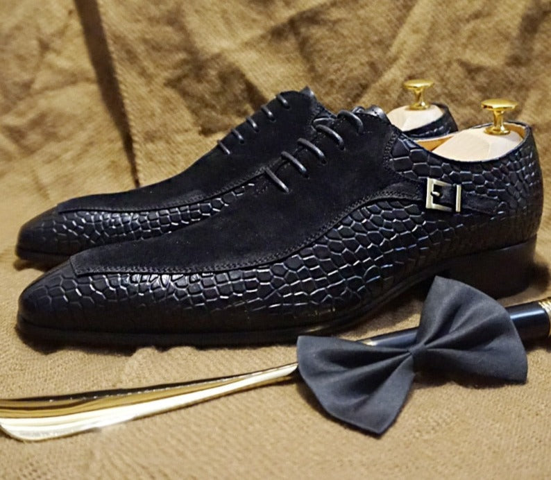 Emporimus2 - Suede & Alligator Print Leather Oxford Single Buckle dress Shoes - Ashour Shoes