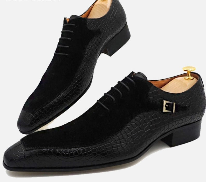 Emporimus2 - Suede & Alligator Print Leather Oxford Single Buckle dress Shoes - Ashour Shoes