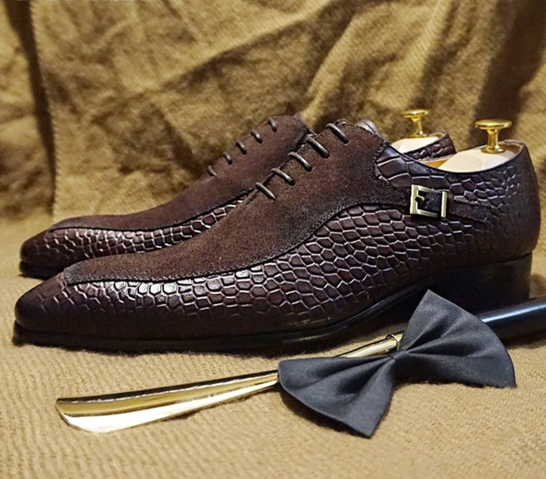 Emporimus2 - Suede & Alligator Print Leather Oxford Single Buckle dress Shoes - Ashour Shoes