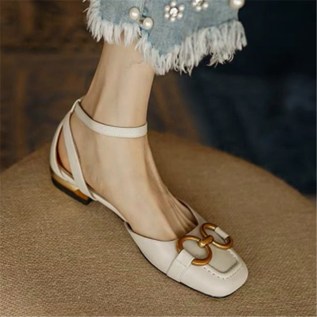Zdravi - Women's Casual Flat Shoes. Square Heel Slip On Flats