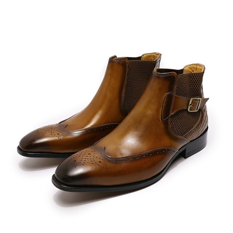 The Fiero - Luxury Chelsea Ankle Leather Brogue Boots For Men - Ashour Shoes