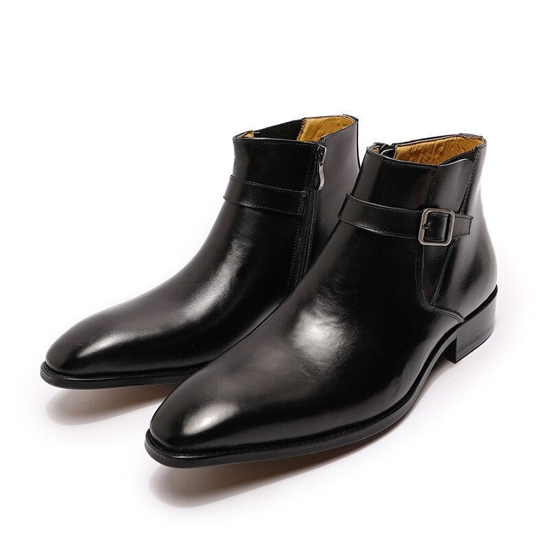 The Chiaro2 - Men's Italian Leather Dress Boots With Zipper & Buckle - Ashour Shoes