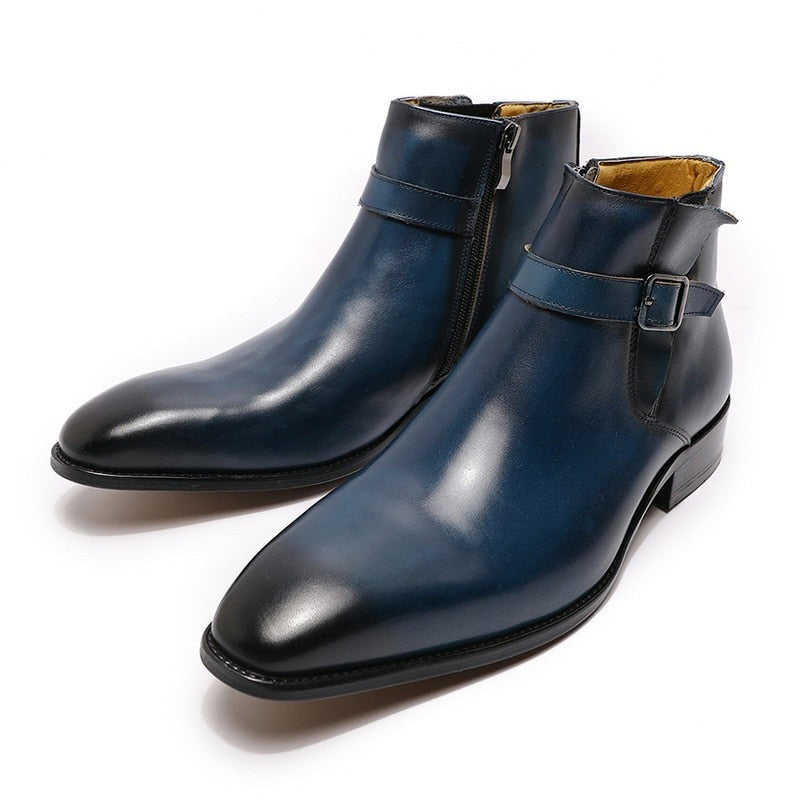 The Chiaro2 - Men's Italian Leather Dress Boots With Zipper & Buckle - Ashour Shoes