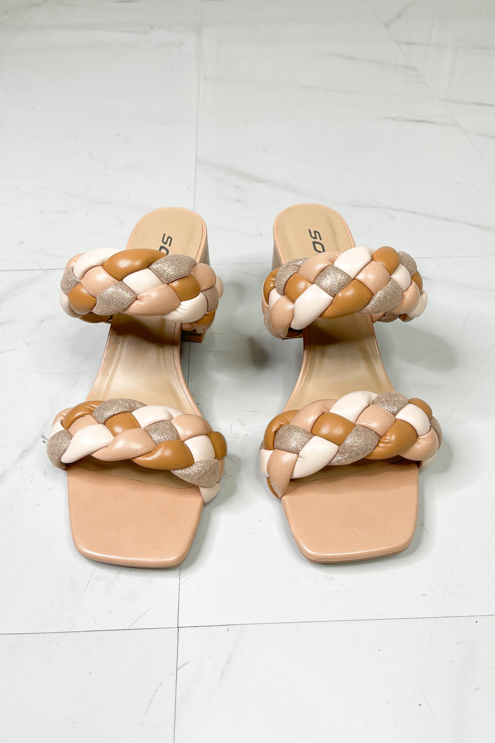 SODA- Braided Strap Block Heel Slide Sandal in Nude for women