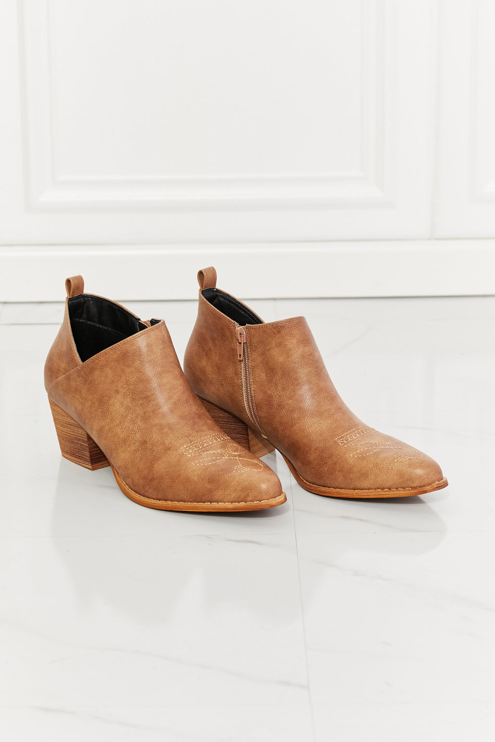 Trusty3 - Embroidered Crossover Cowboy Bootie in Caramel - Ashour Shoes