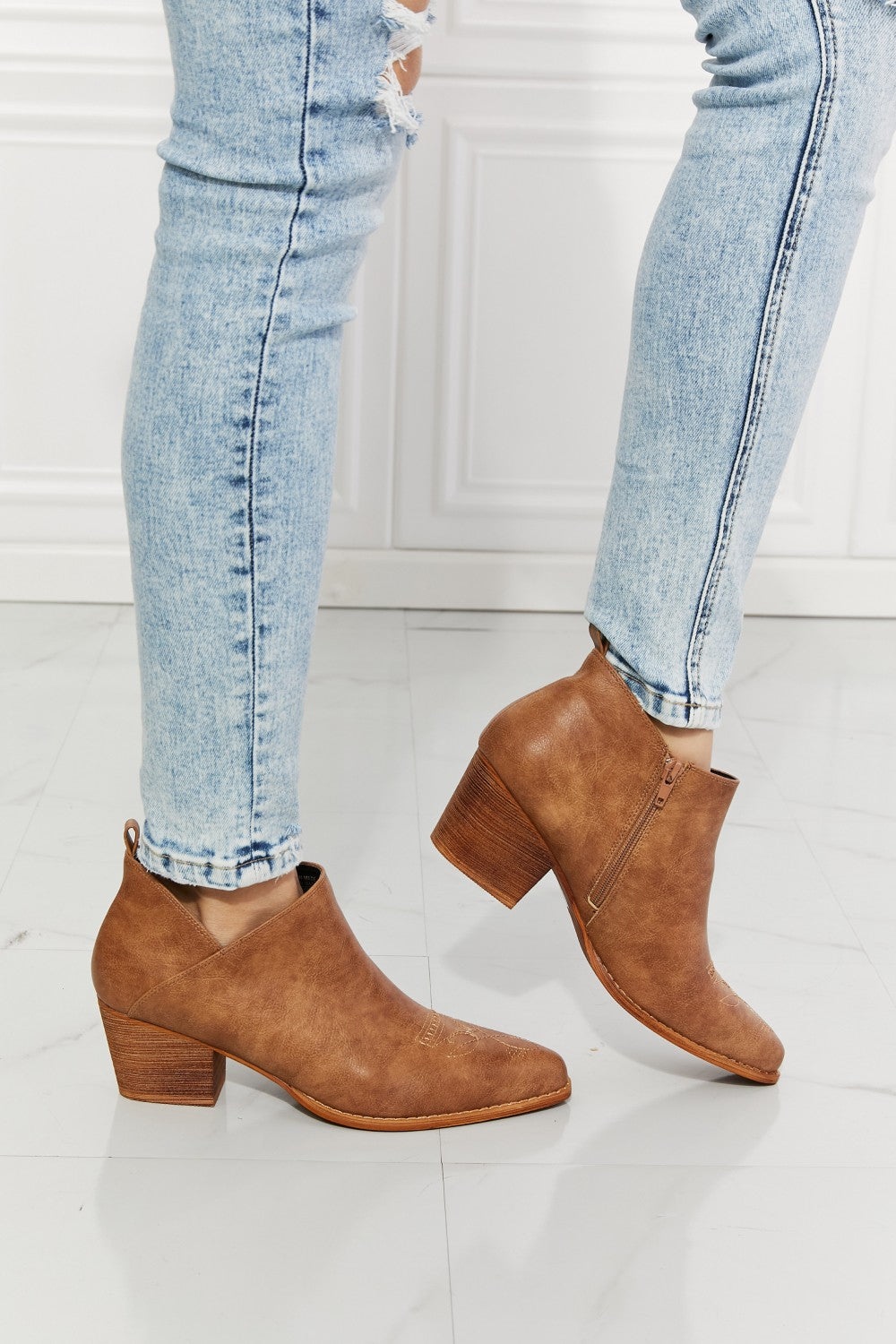 Trusty3 - Embroidered Crossover Cowboy Bootie in Caramel - Ashour Shoes