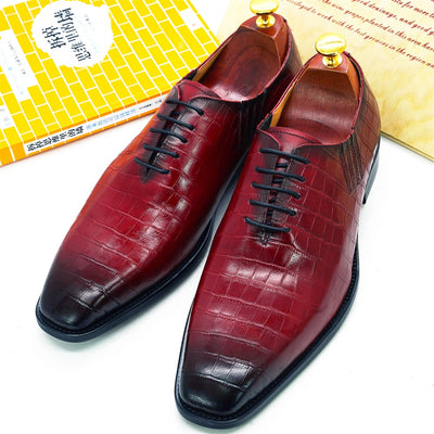 Ashour's Deep Red - Men's Leather Oxford Dress Shoes (alligator print)