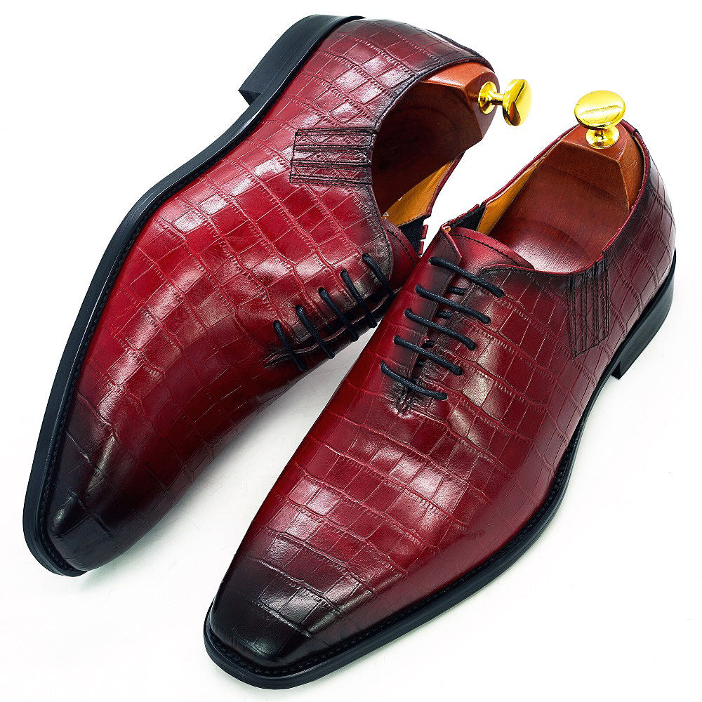 Ashour's Deep Red - Men's Leather Oxford Dress Shoes (alligator print)