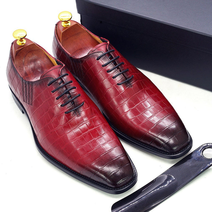 Ashour's Deep Red - Men's Leather Oxford Dress Shoes (alligator print)