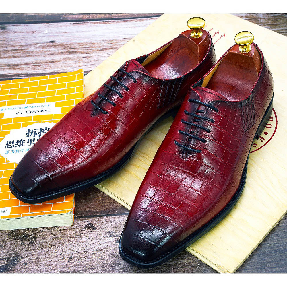 Ashour's Deep Red - Men's Leather Oxford Dress Shoes (alligator print)