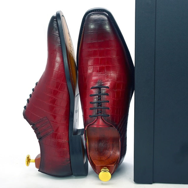 Ashour's Deep Red - Men's Leather Oxford Dress Shoes (alligator print) - Ashour Shoes