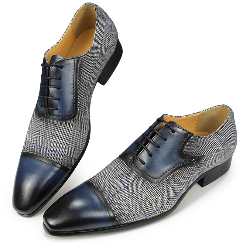 Blue Woven Luxury Men's Business Cap Toe Oxford Dress Shoes