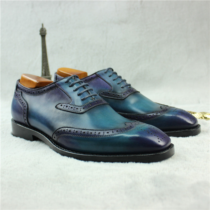 Ashour's Patina Blue - Luxury Wingtip Leather Oxford Dress Shoes For Men