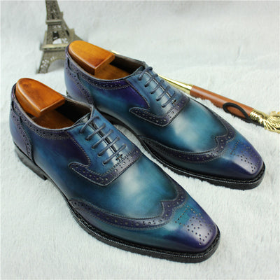 Ashour's Patina Blue - Luxury Wingtip Leather Oxford Dress Shoes For Men